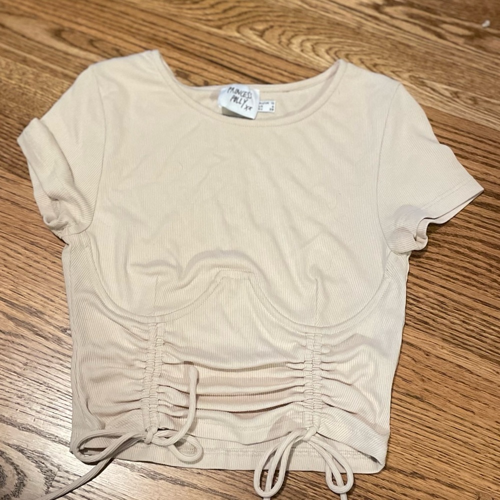 Like New Princess Polly Cream Ribbed Ruched Crop Top